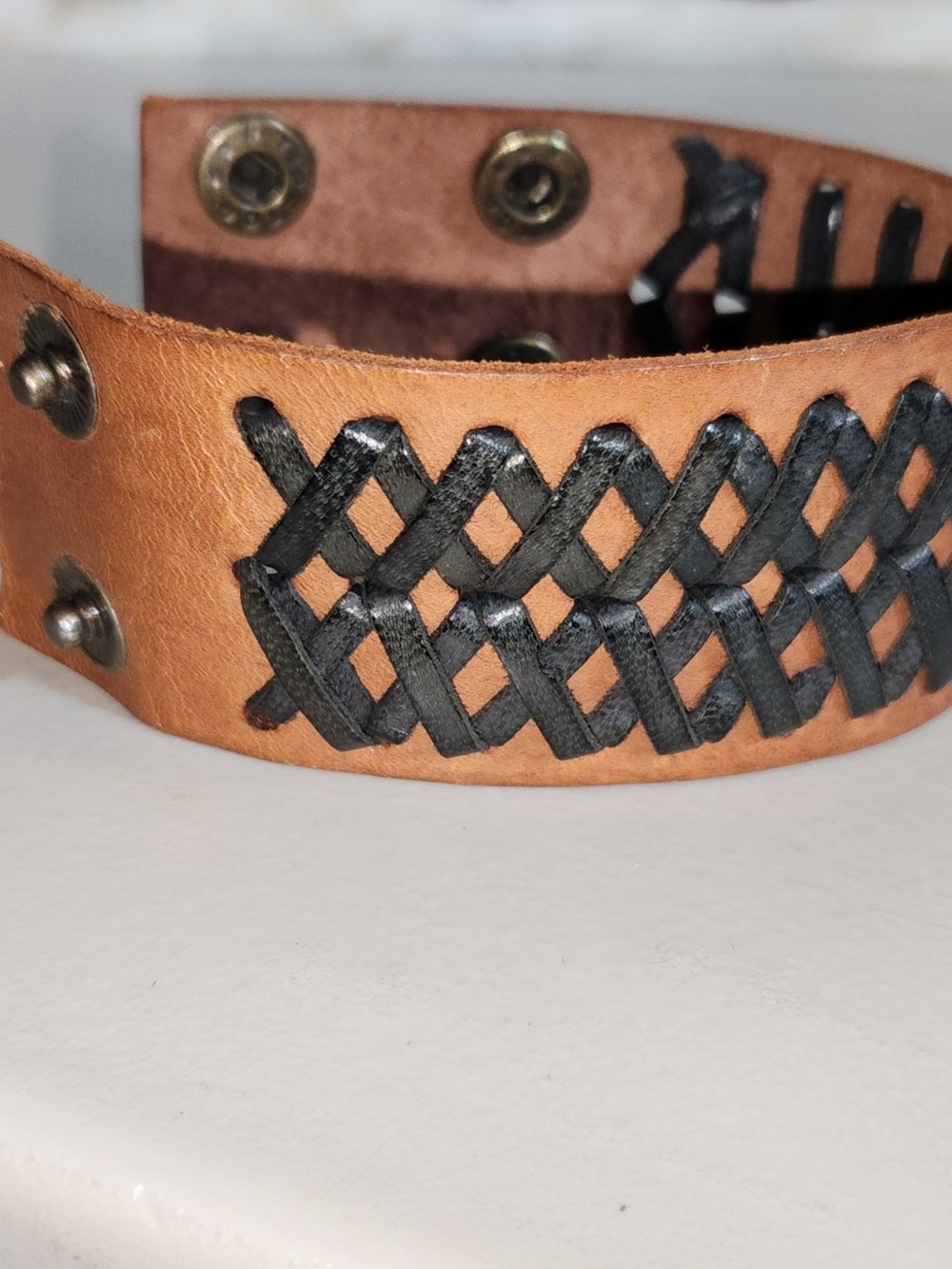 Tan and Black Woven Leather Bracelet for Women